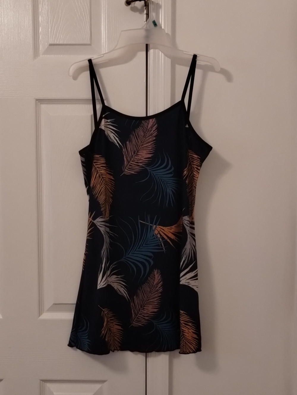 Navy Feather-Print Slip Dress with Thin Straps